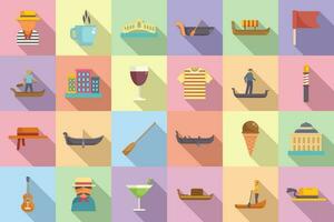 Gondolier icons set flat vector. Venice bridge vector