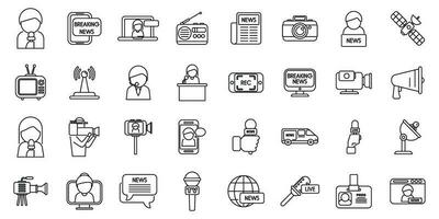 iconos de reportero de tv establecer vector de contorno. estudio de televisión