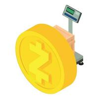 Zcash cryptocurrency icon isometric vector. Zcash coin and box on digital scale vector