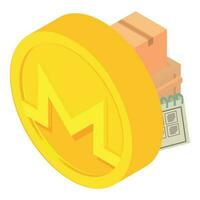 Monero cryptocurrency icon isometric vector. Golden monero coin near package box vector