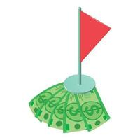 efectivo dinero icono isométrica vector. pequeño rojo bandera en varios dólar billete de banco icono vector