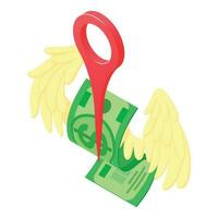 Startup financing icon isometric vector. Red location mark and dollar with wing vector