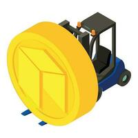 Neo cryptocurrency icon isometric vector. Big golden neo coin and forklift truck vector