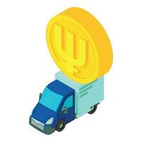 Primecoin cryptocurrency icon isometric vector. Primecoin coin and cargo vehicle vector