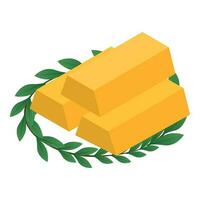 Wealth concept icon isometric vector. Three golden bar near green branch icon vector