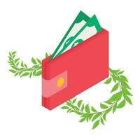 Cash back icon isometric vector. Red wallet with dollar bill and green branch vector