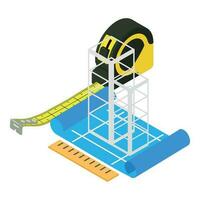 Building project icon isometric vector. Building structure and measuring ruler vector