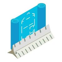 Engineering icon isometric vector. Construction building drawing and white ruler vector