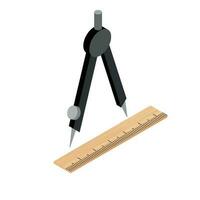 Drafting tool icon isometric vector. Black drafting compass near wooden ruler vector