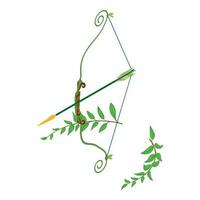 Archer bow icon isometric vector. Classical bow with arrow and green branch icon vector