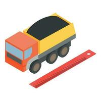 Coal transportation icon isometric vector. Dump truck with coal and red ruler vector