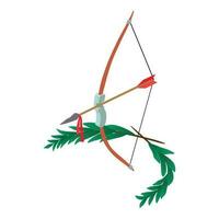 Hunter bow icon isometric vector. Wooden hunter bow with arrow and green branch vector