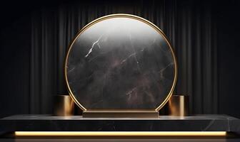 Luxury Black and Gold Podium Pedestal for Product Presentation with Marble Background. Display Podium. photo