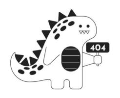 Cute dinosaur holds sign black white error 404 flash message. Monochrome empty state ui design. Page not found popup cartoon image. Vector flat outline illustration concept