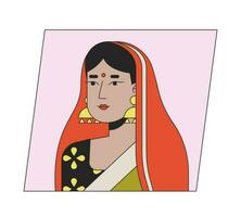 Young indian woman in sari flat color cartoon avatar icon. Editable 2D user portrait linear illustration. Isolated vector face profile clipart. Userpic, person head and shoulders