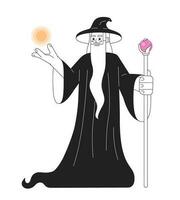 Wizard with magic powers monochromatic flat vector character. Editable full body old man in mage robe show magic power on white. Simple bw cartoon spot image for web graphic design