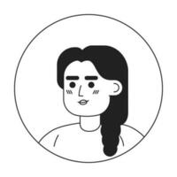 joven indio mujer monocromo plano lineal personaje cabeza. editable dibujos animados avatar icono. morena con trenza peinado. cara emoción. vistoso Mancha ilustración para web gráfico diseño, animación vector