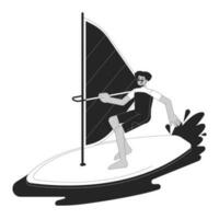 Extreme windsurfing sport bw vector spot illustration. Swimwear latino man surfing with sail 2D cartoon flat line monochromatic character for web UI design. Editable isolated outline hero image