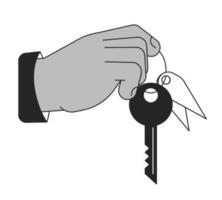 Giving key flat line vector spot illustration. Handing house key 2D cartoon flat line monochromatic hand for web UI design. Concierge, Real estate agent hand editable isolated outline hero image