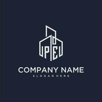 PE initial monogram logo for real estate with building style vector