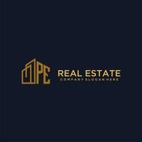 PE initial monogram logo for real estate with building style vector