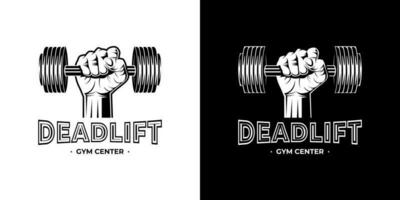 illustration of a rough strong clenched hand fist holding lifting a barbell or dumbbell. weight lifting gym fitness sport club vintage retro emblem badge label logo design vector