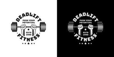 illustration of a rough strong clenched hand fist holding lifting a barbell or dumbbell. weight lifting gym fitness sport club vintage retro emblem badge label logo design vector