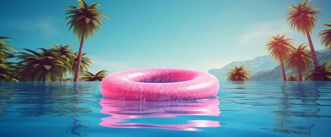 rosado nadando piscina anillo flotador en azul agua. verano antecedentes. generativo ai foto