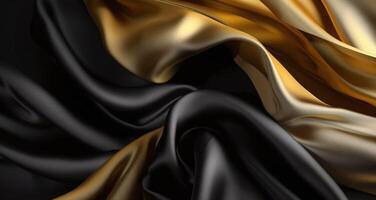 Luxurious Black and Gold Silk Fabric Background. photo