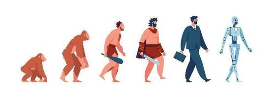 Human evolution, monkey, caveman, businessman, cyborg. Male character evolving from ancient ape to modern man and robot vector concept