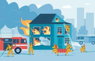 Firefighters putting out house fire, firemen try to extinguish flames. Fireman in uniform using firehose, burning building vector illustration