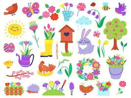 Cute spring doodles, hand drawn easter and springtime elements. Blossom flowers, birds, rabbit, chicken, flower garden doodle vector set