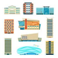 Flat city building, modern apartment buildings, residential houses. Town hall, cinema, police station, urban municipal architecture vector set
