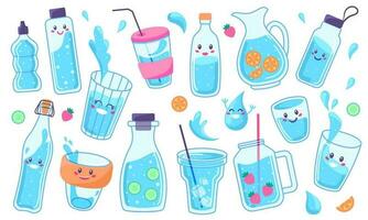 Cute water bottles and glasses, drink containers with funny faces. Healthy summer drinks with ice and lemon, reusable glass bottle vector set