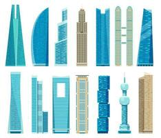 Skyscrapers, modern skyscraper towers, city business office buildings. Downtown glass architecture, urban building facade vector set