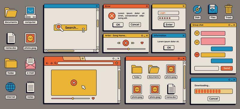 90s retro vaporwave old desktop user interface elements. Cute nostalgic computer ui, vintage aesthetic icons and windows vector set