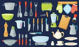 Cartoon kitchen utensils and tools, cooking equipment, kitchenware. Cutlery, pot, saucepan, cup, bowl, cookware elements vector set