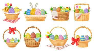 Cartoon easter baskets with painted eggs and spring flowers. Wicker basket full of chocolate egg, springtime holiday gift hampers vector set