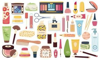 protección de la piel y maquillaje productos, cosmético botellas, ojo crema, suero. sombra, lápiz labial, decorativo productos cosméticos belleza producto vector conjunto