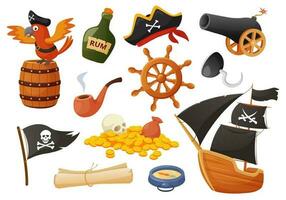 Cartoon pirate elements, parrot, cannon, treasures, sailing ship. Flag, steering wheel, compass, map, pirates sea adventure vector set