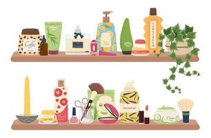 Skincare products, makeup and cosmetic bottles on bathroom shelves. Shampoo, face cream, hair and body care beauty product on shelf vector set