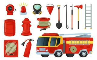 Cartoon firefighter equipment and tools, axe, extinguisher and firehose. Fire truck, hydrant, bucket, firefighting elements vector set