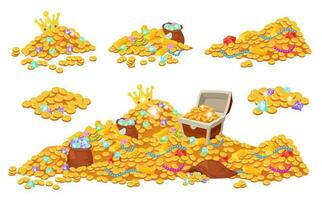 Cartoon treasure piles with coins, jewels, gems and gold bars. Pirate treasures, pile of gold, precious stones, wooden chest, crown vector set