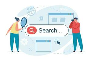 People searching on internet, characters using search bar. Man with binoculars look for answer, business research, seo vector concept