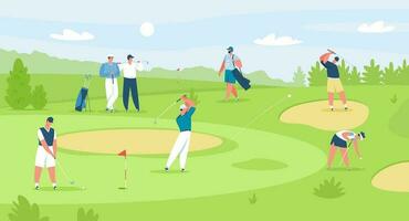 People playing golf on course, professional golfers with clubs. Men and women golfer characters on field, golf competition vector illustration