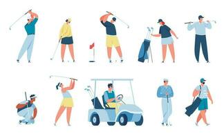 personas jugando golf, golfista caracteres con golf equipo. hombres y mujer golfistas golpear pelota, conducción carro, deporte actividad vector conjunto