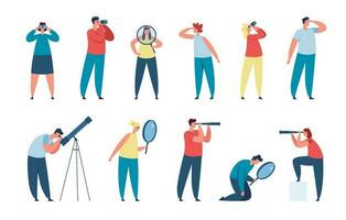 People looking through binoculars and magnifying glass. Characters searching for opportunities and new ideas, man look into future vector set