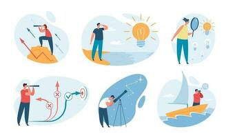 People looking into future, searching for opportunities and new ideas. Person with binocular or spyglass, career path concept vector set