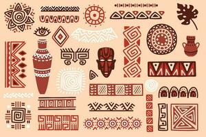 Hand drawn african elements, tribal shapes and textile ornaments. Traditional ritual masks, vases, ethnic circles and borders vector set