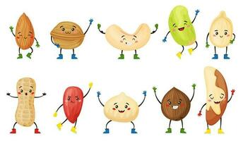 Cartoon nut and seed characters with cute smiling faces. Almond, coconut, walnut, peanut character, funny nuts and seeds mascot vector set